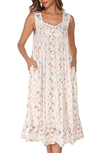 AVIIER Cotton Nightgowns for Women Sleeveless House Dress Ladies Long Nightdress with Pockets (White flowers, Small)… - Image 2