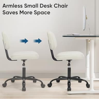 DUMOS Armless Home Office Desk Chair -Small Ergonomic with Low Back Lumbar Support, Height Adjustable PU Leather Computer Task with 360° Swivel Rolling Wheels, for Small Space, Beige White - Image 6