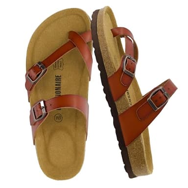 CUSHIONAIRE Luna Crossover Toe Strap Womens Sandals – Cork Footbed Slides with Adjustable Straps, Summer Sandals for Women 2025, WHISKEY 6 - Image 1