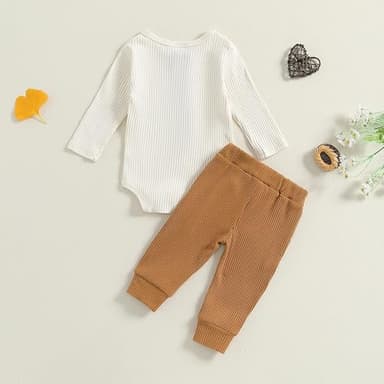 fhutpw Baby Boy Clothes 3 6 12 18 Months Ribbed Knitted Long Sleeve Romper and Pants Sets Newborn Fall Splicing Color Outfits (White&Khaki, 0-3 Months) - Image 3