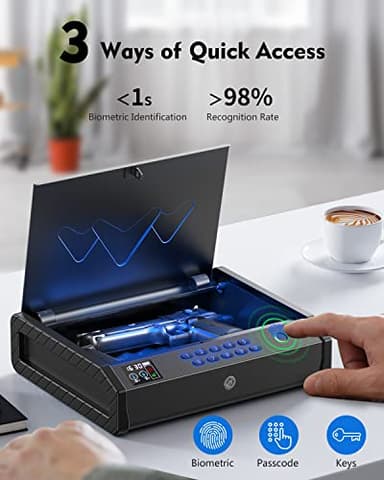 HOLEWOR Gun Safe, Biometric Gun Safes for Pistols with LCD Display of Temperature Humidity, Fingerprint Quick Access Pistol Safe Solid Handgun Safe with USB C Port - Image 4