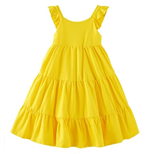 Vieille Toddler Girls Yellow Dress Summer Beach Tiered Sundresses Ruffle Sleeveless Princess Dresses 5-6 Years Kids - Image 1