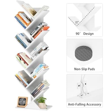 SHEEPAM 10 Tier Tree Book Shelf, Floor Standing Wood Bookshelf for Narrow Space, Storage Organizer Bookshelves for Books/CDs/Magazine, Bookcase with Shelves for Home Office, Living Room - White - Image 7