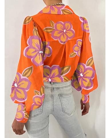 BTFBM Women Fashion Button Down Shirts V Neck Printed Solid Boho Long Sleeve Blouses Dressy Casual Summer Fall Tops(Floral Orange Purple, Small) - Image 3