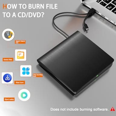 juwuoi External CD/DVD Drive for Laptop PC CD DVD Player USB 3.0 Portable Optical Drive CD Burner Compatible with Windows 10 11 Linux Mac OS (Black) - Image 6