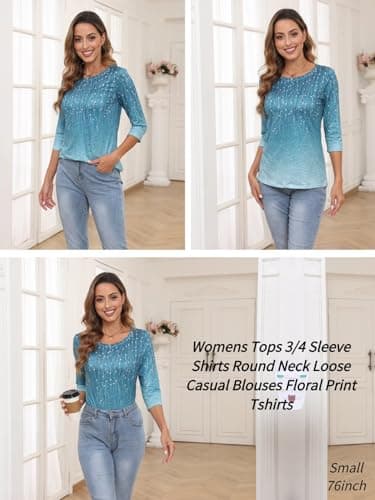 Zeagoo Leaves Print Three-Quarter Sleeve T-shirt Casual Crew Neck Top For Summer Fall Women's Work Clothing - Image 2