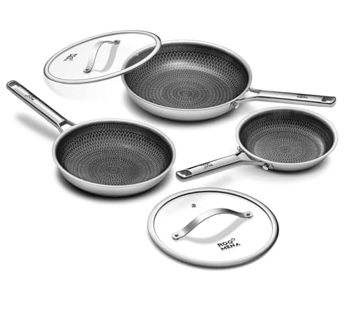 Roomena Nonstick Frying Pan Set with two Lid, Non-Toxic Tri-Ply Hybrid Ceramic Skillet three Piece, 8, 10 & 12 Inch Stainless Steel Pans, PFAS/PFOA/PTFE Free, Oven Safe, Induction Compatible - Image 1