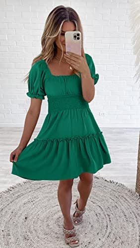 Heysolo Womens Square Neck Mini Dress Casual Short Sleeve Empire Waist Smocked Summer Babydoll Dresses - Image 5