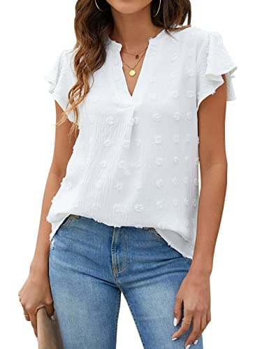 Blooming Jelly Womens White Blouse V Neck Ruffle Sleeve Flowy Shirts Dressy Casual Cute Summer Tops(X-Large, White) - Image 1