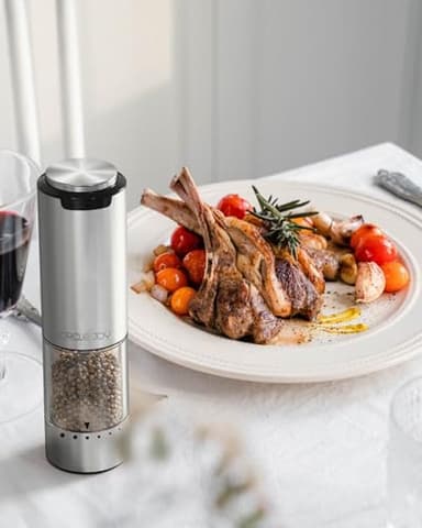 CIRCLE JOY Rechargeable Electric Salt and Pepper Grinder Set with Base, Stainless Steel Pepper Mills with 95ml Container, White LED Light and External Adjustable Coarseness, Silver - Image 6
