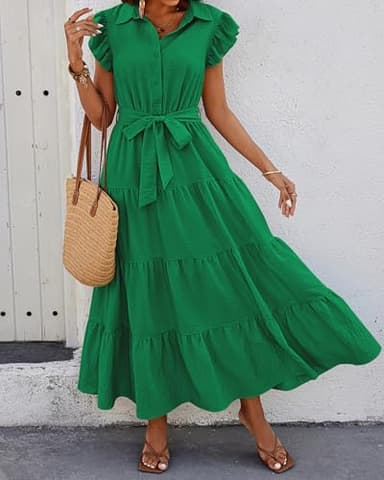 dowerme Women's Summer Casual Dresses 2025 Cap Ruffle Sleeve V Neck Button Belted Tiered Boho Maxi Dress with Pockets(Bright Green,Medium) - Image 3