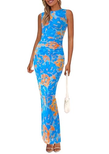 PRETTYGARDEN Wedding Guest Dresses for Women 2025 Summer Spring Floral Bodycon Sleeveless Mesh Maxi Long Dress(Floral Blue,Large) - Image 1