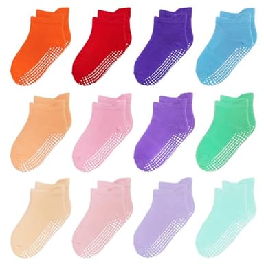 HYzgb Toddler Girls Socks 3T-4T-5T with Grippers 12 Pairs Cotton Little Kids Non Slip Ankle Socks for Toddler Kids 3-4-5 Years Old All Seasons Wearing (Rainbow) - Image 1