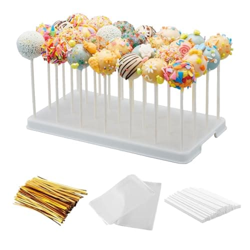 28 Holes Cake Pop Stand for Cake Pops, Lollipop Hold Stand, Cake Pop Display Holder, Candy Pop Holder with 100 Pcs Cake Pop Sticks, 100 Pcs Cake Pop Bags, 100 Pcs Gold Twist Ties(White) - Image 1