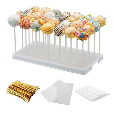 28 Holes Cake Pop Stand for Cake Pops, Lollipop Hold Stand, Cake Pop Display Holder, Candy Pop Holder with 100 Pcs Cake Pop Sticks, 100 Pcs Cake Pop Bags, 100 Pcs Gold Twist Ties(White) - Image 1