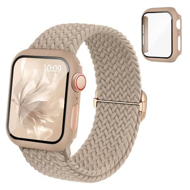 Braided Stretchy Band Compatible for Apple Watch Band and Case 40mm 41mm 42mm 44mm 45mm 46mm, Nylon Elastic Solo Loop and Protective Cover with Screen Protector for iWatch Series 11 10 9 8 7 SE 6 5 4 - Image 1