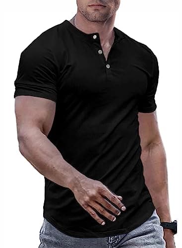 JMIERR Mens Muscle Slim Fit Button Henley Shirts Summer Crewneck Short Sleeve Longline Fitted T-Shirt Gym Workout Athletic Tees Shirt for Men, L, Black - Image 1