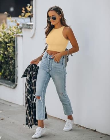 REORIA Women's Sexy Sleeveless High Neck Crop Tank Top Racerback Double Lined Cute Basic Cropped Tops 2025 Going Out Shirts Honeybee Small - Image 4