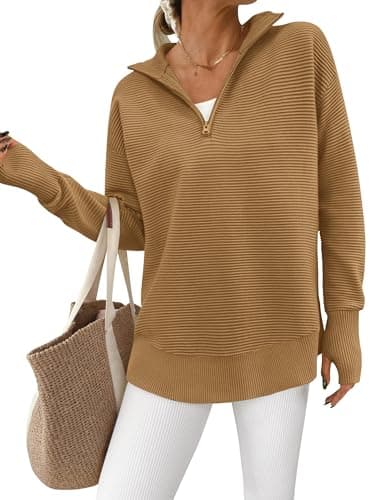 PRETTYGARDEN Womens Long Sleeve Quarter Zip Pullover Sweater Casual Loose V Neck Collared Ribbed Knit Jumper Tops Thumb Hole(Khaki,Small) - Image 1