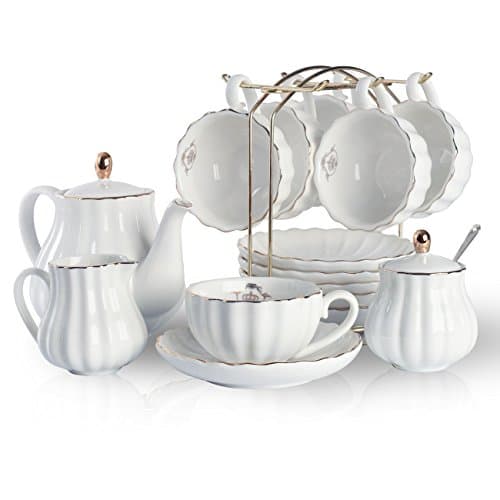 Porcelain Tea Sets British Royal Series, 8 OZ Cups& Saucer Service for 6, with Teapot Sugar Bowl Cream Pitcher Teaspoons and tea strainer for Tea/Coffee, Pukka Home (Pure White) - Image 1
