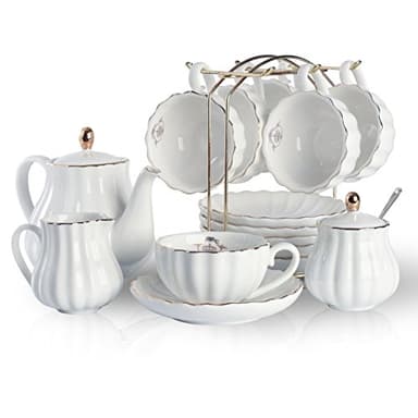Porcelain Tea Sets British Royal Series, 8 OZ Cups& Saucer Service for 6, with Teapot Sugar Bowl Cream Pitcher Teaspoons and tea strainer for Tea/Coffee, Pukka Home (Pure White) - Image 1