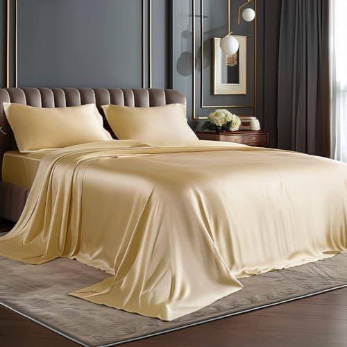 BEDELITE Satin Sheets Queen Size Bed Set, Luxury Soft Champagne Silky Sheets for Hair and Skin, Similar to Silk Bed Sheets Set 4 Pieces with 1 Deep Pocket Fitted Sheet, 1 Flat Sheet, and 2 Pillowcases - Image 1