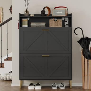 BORNOON Shoe Cabinet with 2 Flip Drawers Narrow Shoe Storage Cabinet Organizer Wooden Freestanding Rack Hidden Slim Storage for Entryway, Hallway, Living Room, Bedroom - Image 4