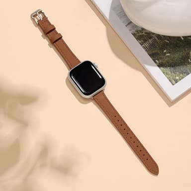 STIROLL Slim Leather Bands Compatible with Apple Watch Band 38mm 40mm 41mm 42mm(Series 11 10), Top Grain Leather Watch Thin Wristband for iWatch SE 9 8 7 6 5 4 3 2 1 (Brown Silver) - Image 4