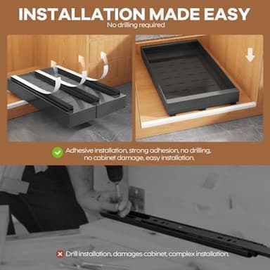 Seinloes 4 Pack Expandable (9"-14") Pull Out Cabinet Organizer 21" Deep With Raising Pad for Framed Cabinets,Upgrade 3 Slide Rails Slide Out Drawers,No Drill Roll Out Shelves Adhesive,Black - Image 4