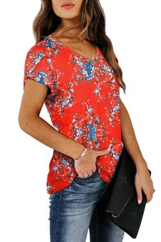 WIHOLL Beach Vacation Clothes for Women Floral Print Tops for Women Vintage Summer Blouse Casual Red S - Image 3