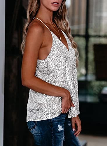 miduo Women's Tank Tops Summer Ladies Fashion Sequin V Neck Strappy Tanks Tops Cami Shirts Sleeveless Tops Blouses for Women Silver S - Image 4