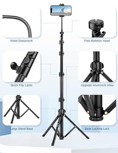 Nineigh Phone Tripod, 85" Tripod for Cell Phone iPhone with Gooseneck, Aluminum Tripods Stand for Video Recording Photo Vlog, Travel Cellphone Tripod with Remote Compatible with iPhone Android - Image 8
