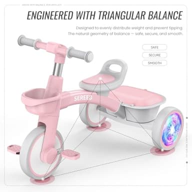 SEREED Colorful Lighting Toddler Tricycle for 2-5 Years Old Girls, Adjustable Seat&Handlebar Trike, Removable Basket, Birthday Gift Idea for Kids Ages 2+ (Pink) - Image 4