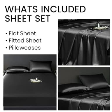 Revdomfly 4 Pcs Full Size Luxury Silky Soft Black Satin Sheet Set,1 Premium Moisture Wicking Fitted Sheet Fits Up to 16 Inches Deep Pocket + 1 Flat Sheet + 2 Pillowcases（Black, Full） - Image 6
