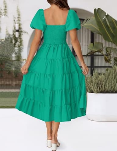 ZESICA Women's 2025 Summer Square Neck Short Puff Sleeve Solid Color High Waist Casual Smocked Flowy A Line Tiered Midi Dress,Green,X-Small - Image 4