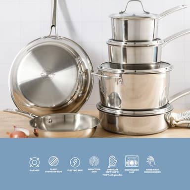 Sur La Table Kitchen Essentials Chef's Deck 10 Piece Stainless Steel Non Toxic Pots and Pans Kitchen Cookware Set w/Triply Encapsulated Base - Induction Safe - Image 4