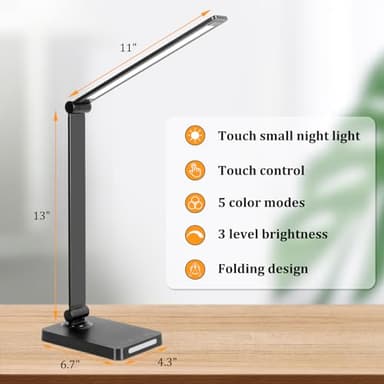 LED Desk Lamp with USB Ports,Touch Desk Lamps for Home Office with 5 Color Modes,3 Brightness Desk Light with Small Night Light,Reading Lamp Table Lamp for Bedroom Bedside Study Black （with adapter） - Image 3