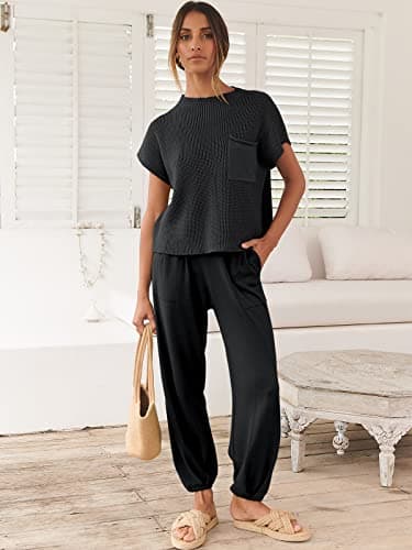 ANRABESS Women's Two Piece Outfits Knit Sweater Vest Crop Top Pants Lounge Matching Tracksuit Sweatsuit Travel Clothes Sets Black XX-Large - Image 2