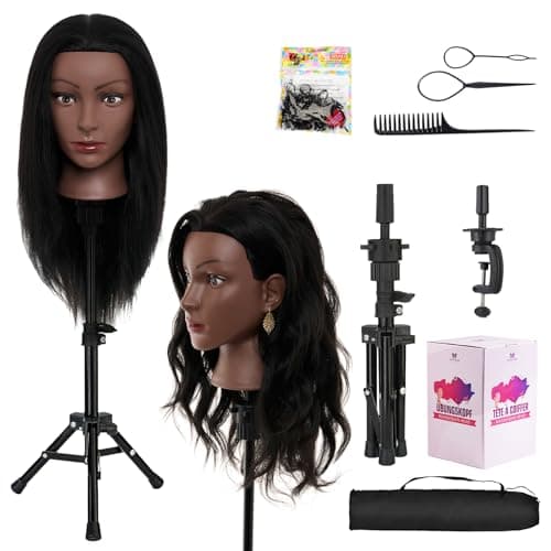 20-22 Inch Mannequin Head Human Hair with Stand,100% Real Human Hair Mannequin Head for Braiding,Cosmetology Manikin Doll Head for Styling with Table Clamp Hair Braiding Set(Brown) - Image 1