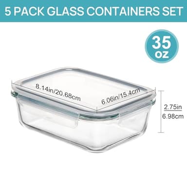Vtopmart 5 Pack 35oz Glass Food Storage Containers with Lids, Meal Prep Containers, Airtight Reusable Lunch Container Set, Safe for Oven, Microwave, Freezer, and Dishwasher - Image 7