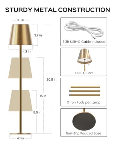 JACKYLED Cordless Table Lamps Rechargeable, 3 Adjustable Height, 5000mAh Battery Operated, 3 Colors Smooth Dimming, Portable LED Waterproof Gold Lamp for Dining, Bedroom, Outdoor (2 Pack) - Image 6