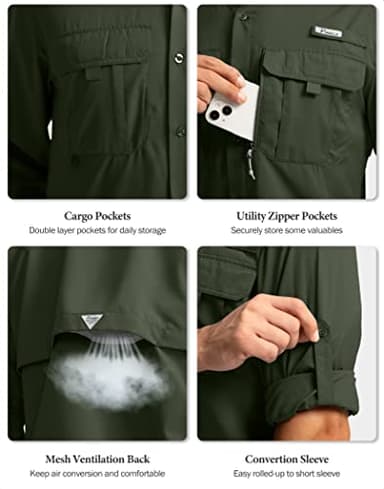 Men's Sun Protection Fishing Shirts Long Sleeve Travel Work Shirts for Men UPF50+ Button Down Shirts with Zipper Pockets(Olive Large) - Image 5