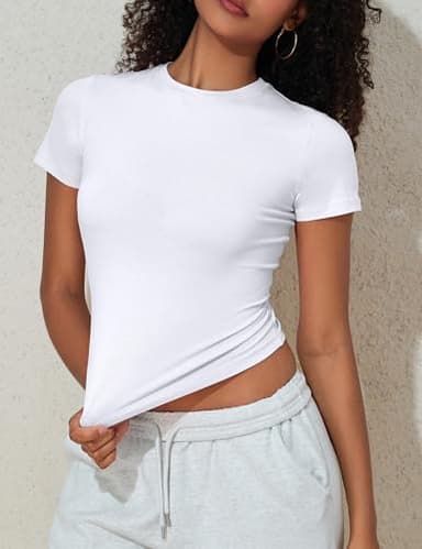 PrettyGuide Women's Casual Summer Basic Tops Crew Neck Short Sleeve Fitted T Shirt Trendy Baby Tee White M - Image 5