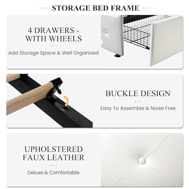 SHA CERLIN Upholstered King Size Platform Bed Frame with 4 Storage Drawers, Adjustable Headboard with Diamond Stitched Button Tufted Design, Wooden Slat Support, No Box Spring Needed, White - Image 6
