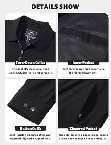 TACVASEN Mens Jacket Lightweight Windbreaker Jacket Business Casual Stylish Zip Up Work Coat for Fall and Spring Black - Image 6