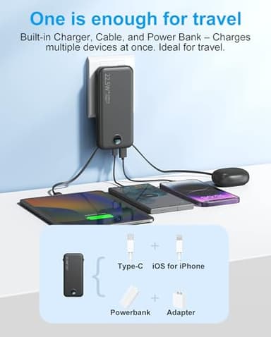 Portable Phone Charger, 12000mAh 22.5W Fast Charging Power Bank with Built-in Cables & Wall Plug, External Battery Bank with LED Display, Travel Essential Battery Pack for iPhone, iPad, Samsung White - Image 4