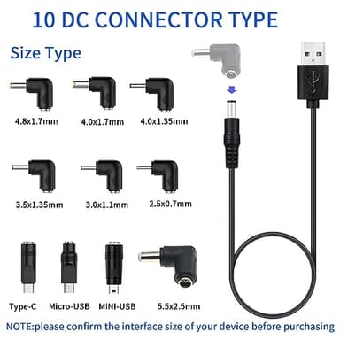 USB to DC 5V Power Cord, Universal USB to DC 5.5x2.1mm Plug Power Charging Cable with 10 Connectors for Router, Mini Fan, Speaker, Camera, Smart Phone and More 5V Devices - Image 2