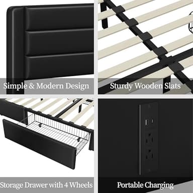 Yaheetech King Size Bed Frame with 2 USB Charging Station/Port for Type A&Type C/4 Storage Drawers, Leather Upholstered Platform Bed with Headboard/Solid Wood Slat Support/No Box Spring Needed/Black - Image 8
