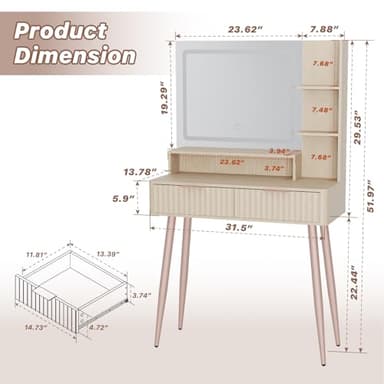 IKALIFE Fluted Makeup Vanity Desk with Mirror and Lights, 3 Color Modes & Adjustable Brightness Dressing Table, Small Vanity Table Set with 2 Drawers & Storage Shelves for Bedroom, Oak 31.5" - Image 7