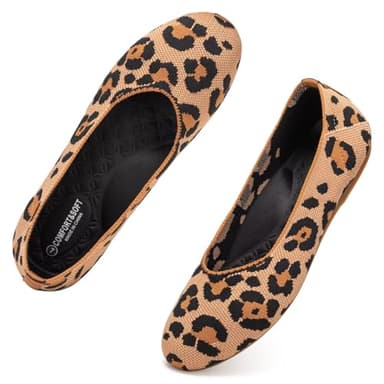 Frank Mully Women’s Knit Ballet Flat Round Toe Slip On Flats Shoes Classic Low Wedge Ballerina Walking Flats Shoes, Leopard Orange,9 - Image 8